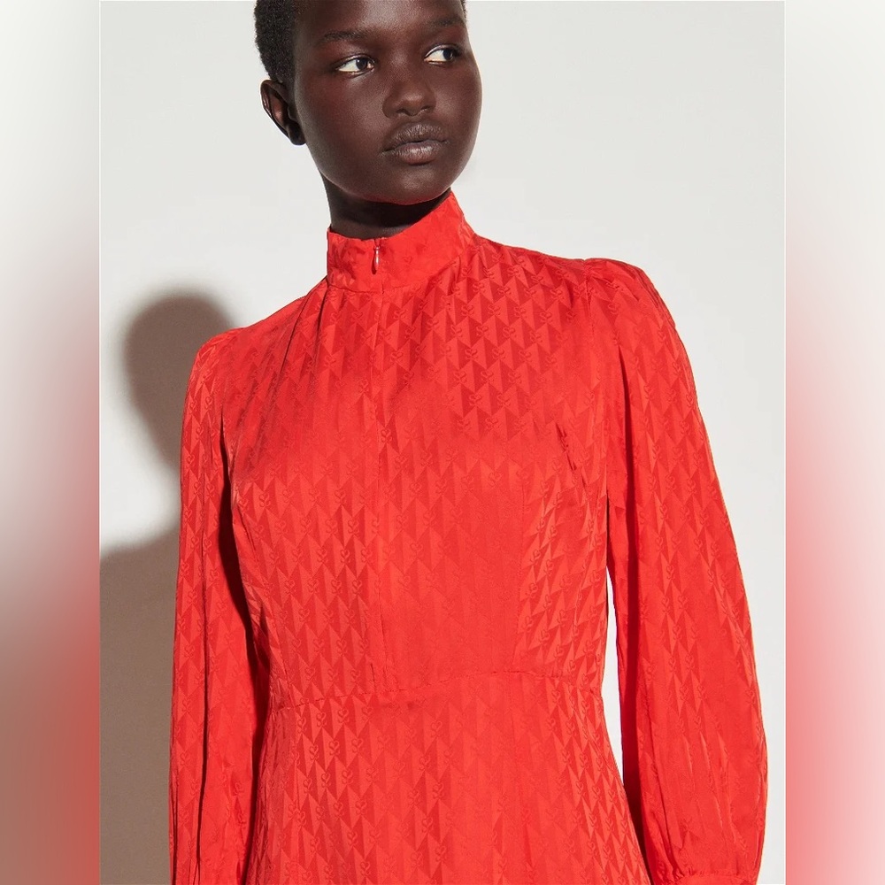 RAYA LOGO-JACQUARD FLARED WOVEN MIDI DRESS IN RED